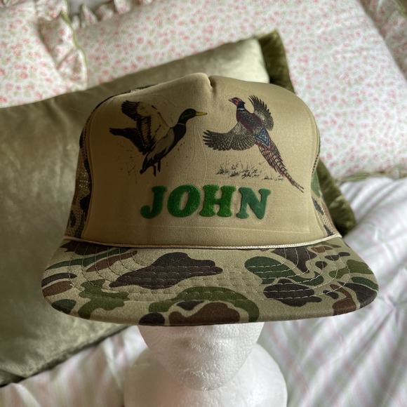 Vtg Camo Men Hat Cap Snapback Green Brown Duck Pheasant Hunting John Trucker Cap - Picture 1 of 7